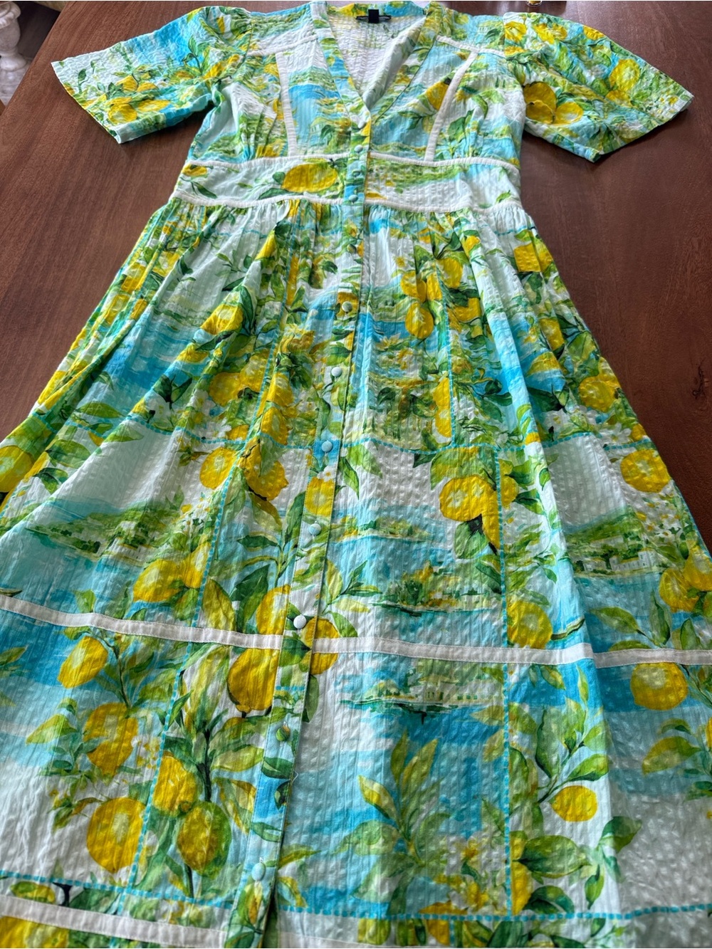 Nobody’s Child Lemon Print Button-Front Midi Dress in Yellow & Aqua